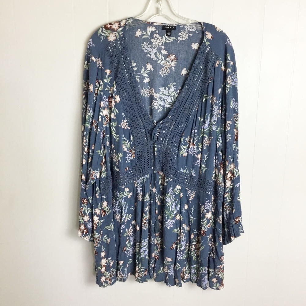 Torrid Paisley Floral Blue Lace Top Plus Size 4X 3/4 Blouse